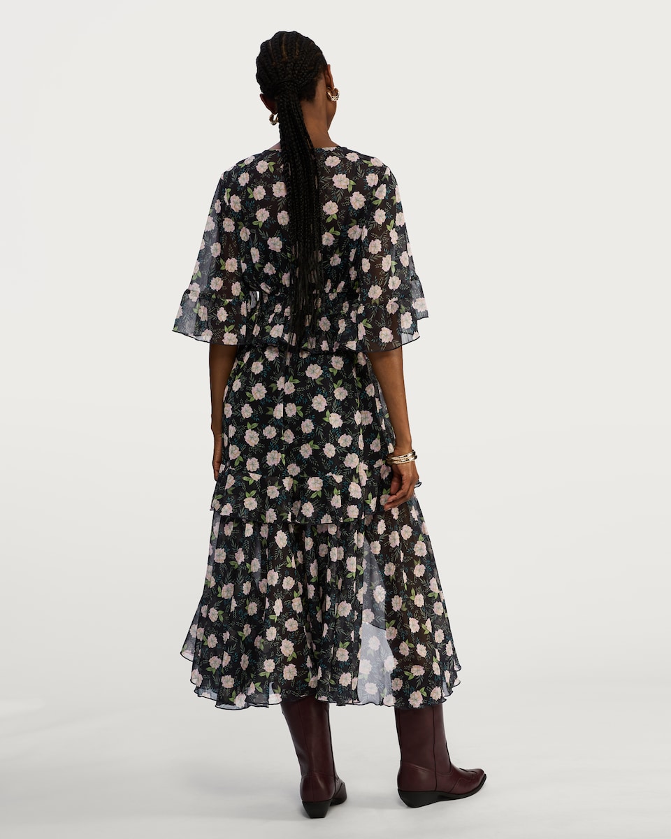 image 1 of F&F Floral Print Ruffle Midi Dress in Multi Black