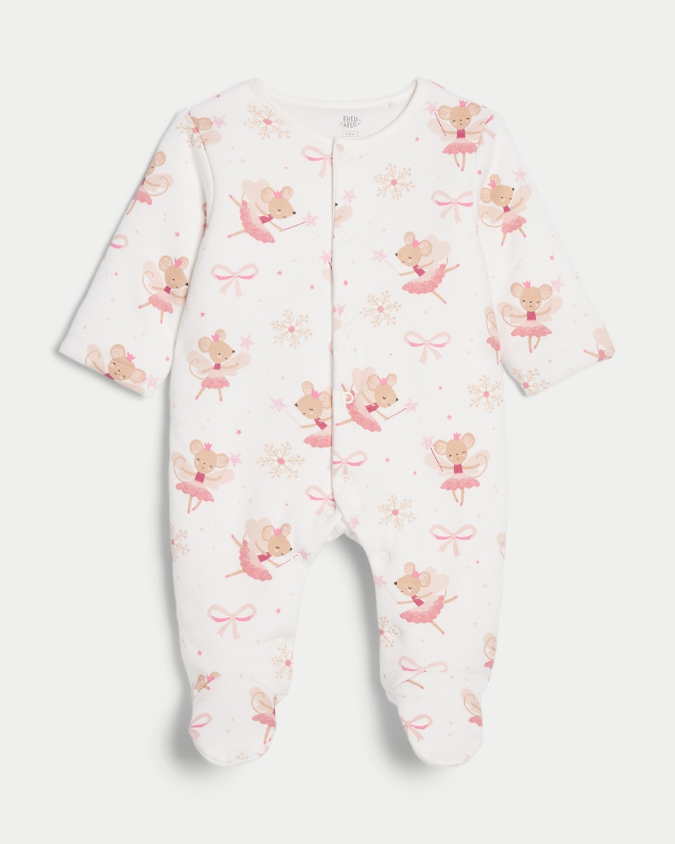 image 1 of F&F Baby Pure Cotton Padded Mouse Fairy Print Sleepsuit in White
