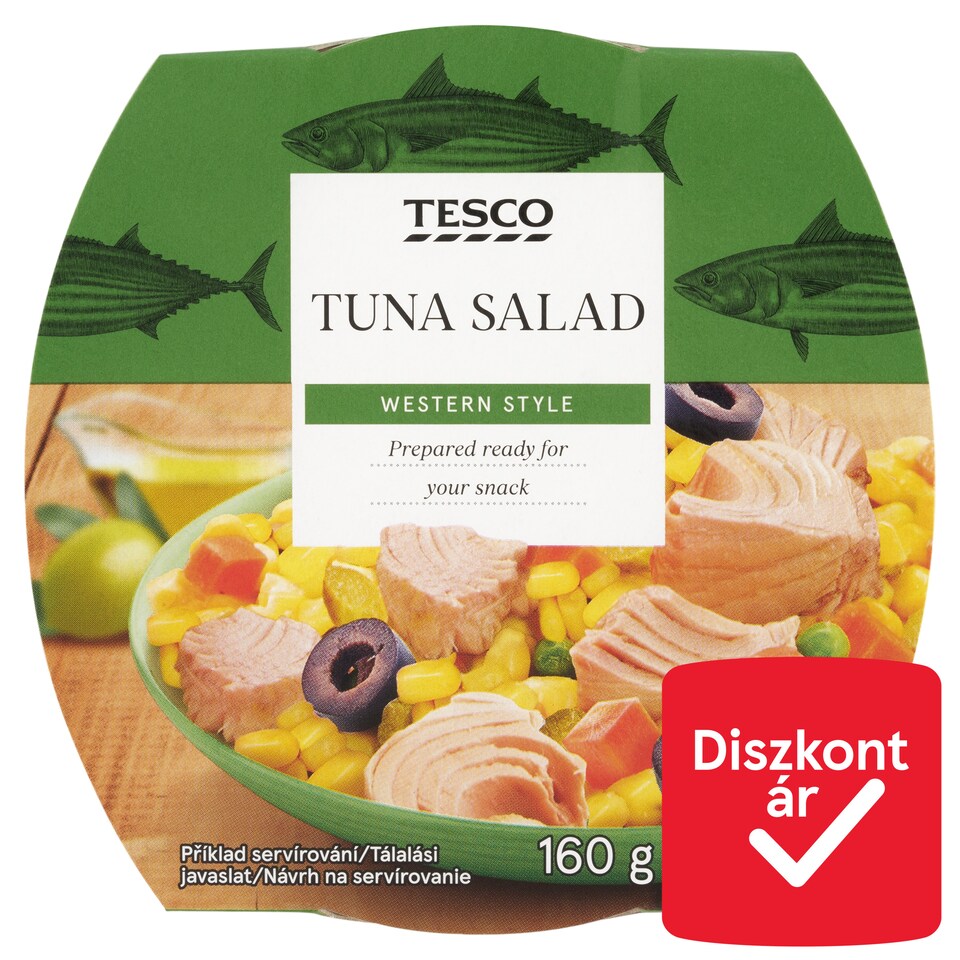 Tesco tonhal saláta kukoricával, sárgarépával, savanyú uborkával és fekete olívabogyóval 16 g