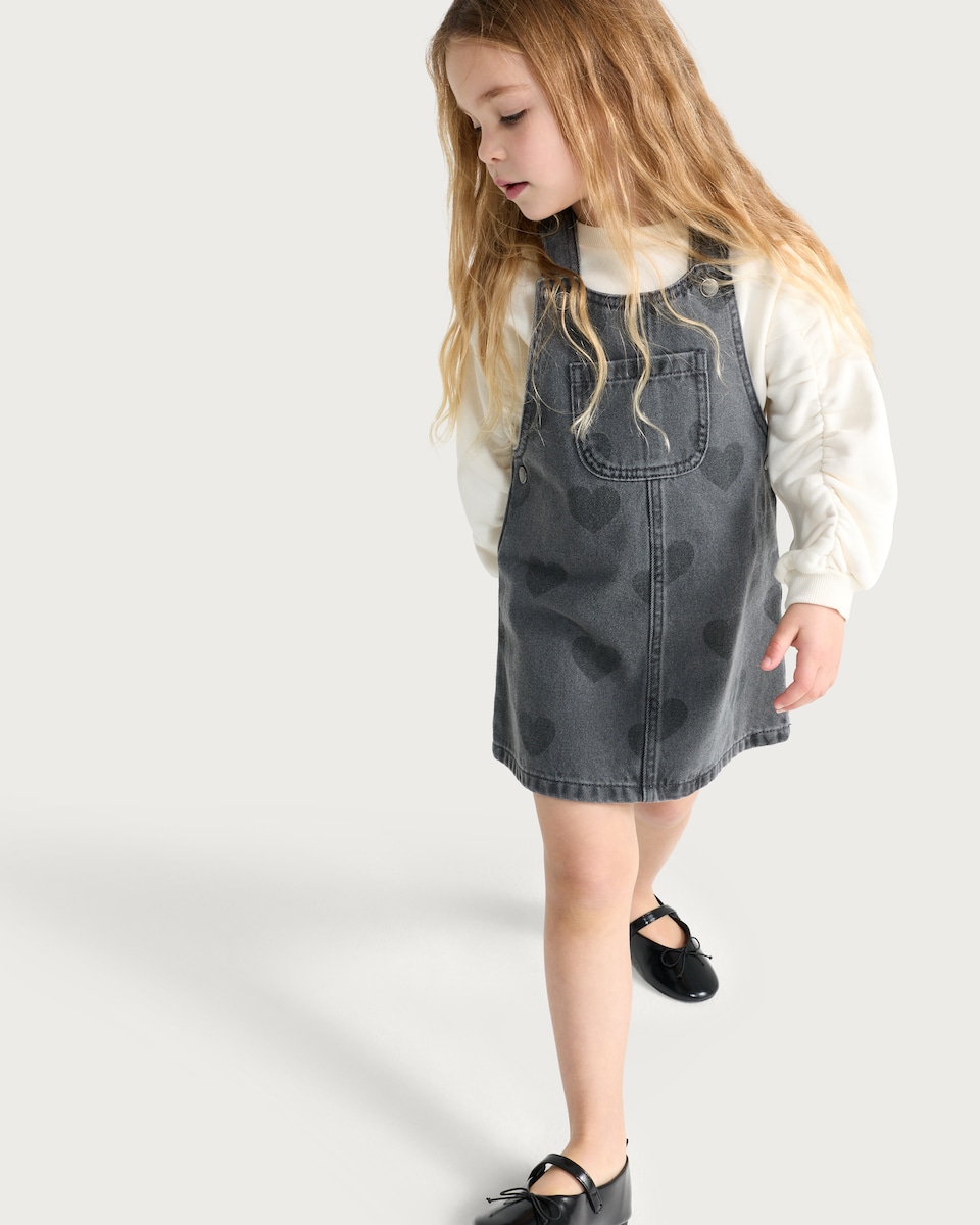 image 1 of F&F Girls 2-Piece Heart Print Denim Pinafore and Sweatshirt Set in Black
