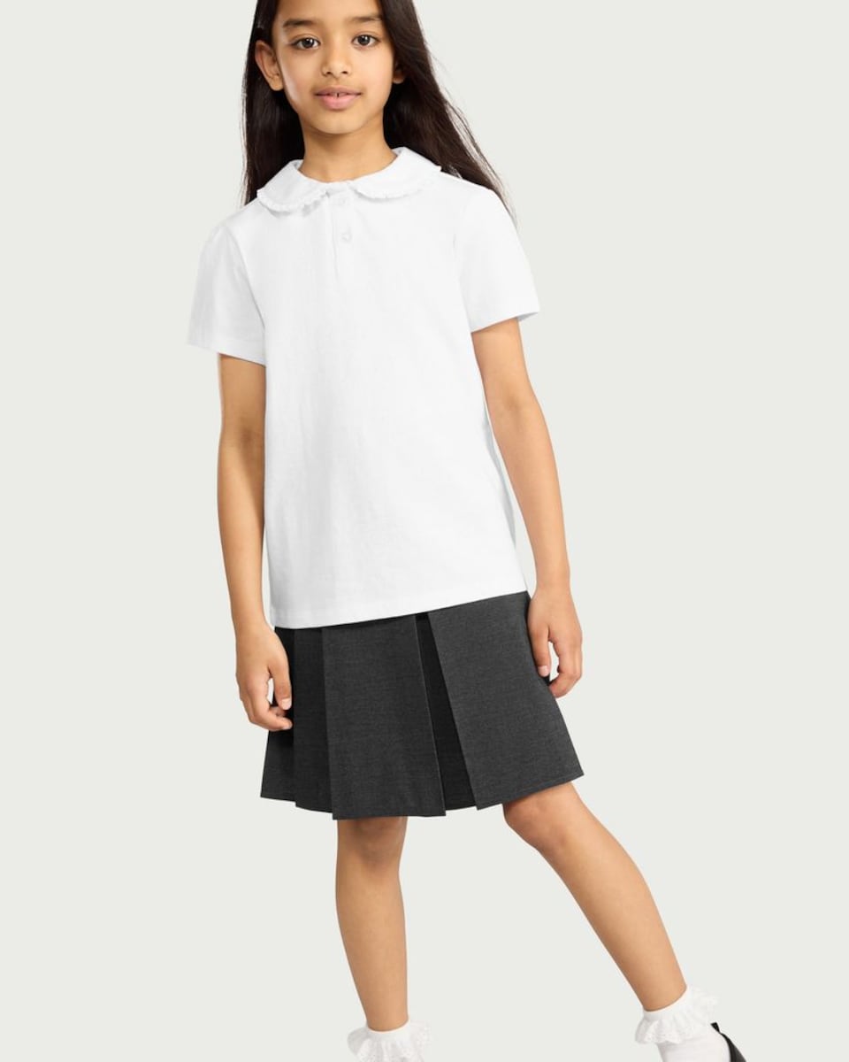 image 1 of F&F Girls School Pure Cotton Frill Collar Polo Shirt in White