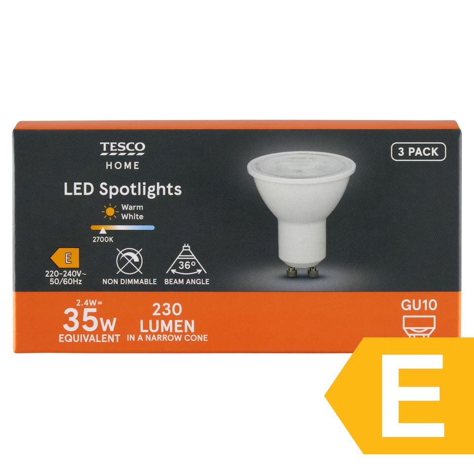 image 1 of Tesco Home LED Spotlights 2.4W GU10 Warm White 3 pc