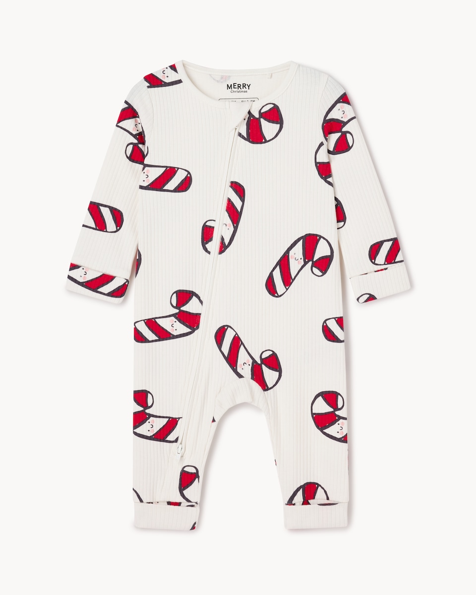image 1 of Christmas Baby Cotton Rich Ribbed Candy Cane Sleepsuit in White