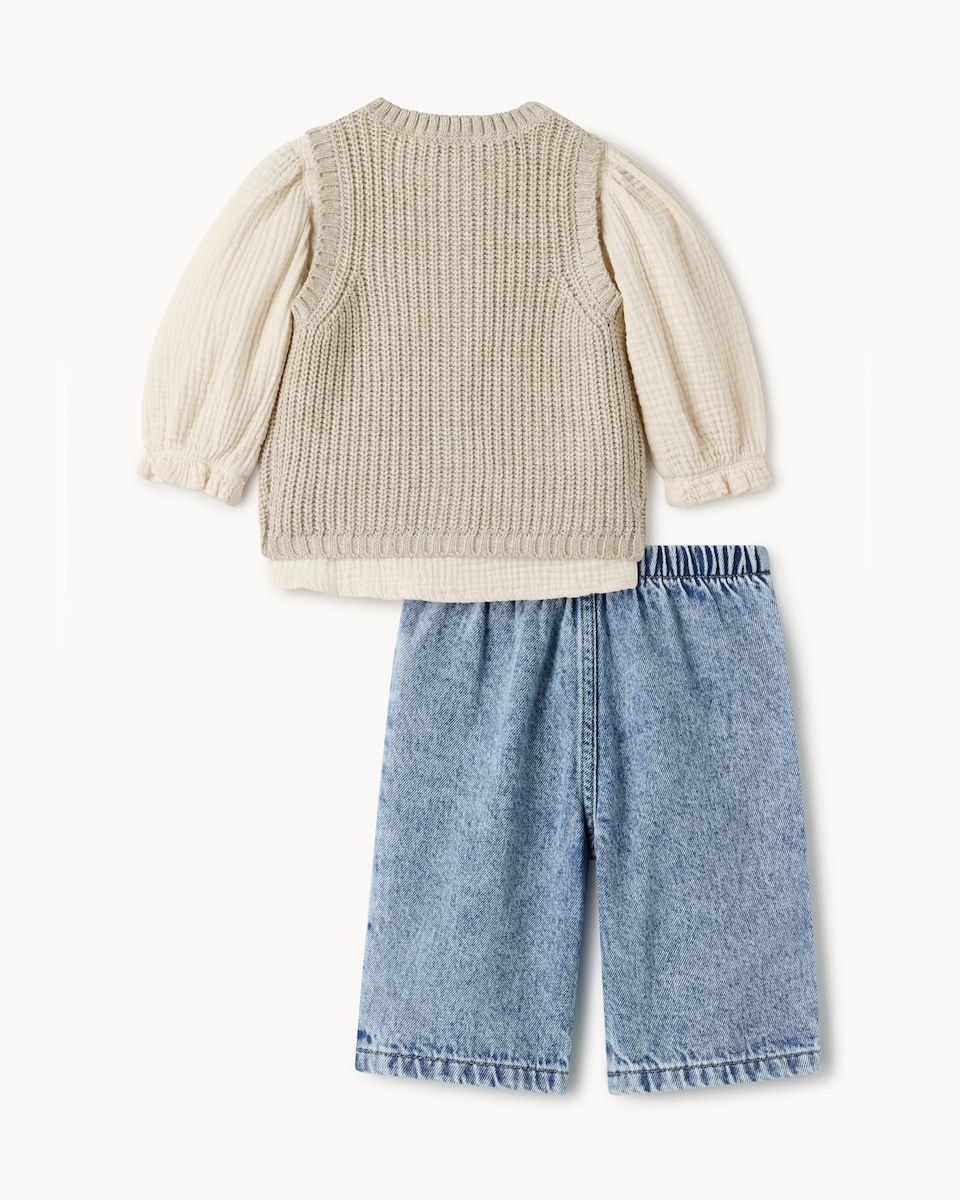 image 1 of F&F Baby Frill Top, Knitted Vest and Jeans Outfit in Brown
