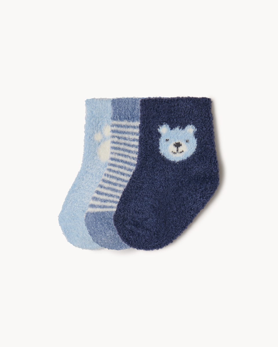 F&F Baby 3-Pack Bear Cosy Socks in Blue
