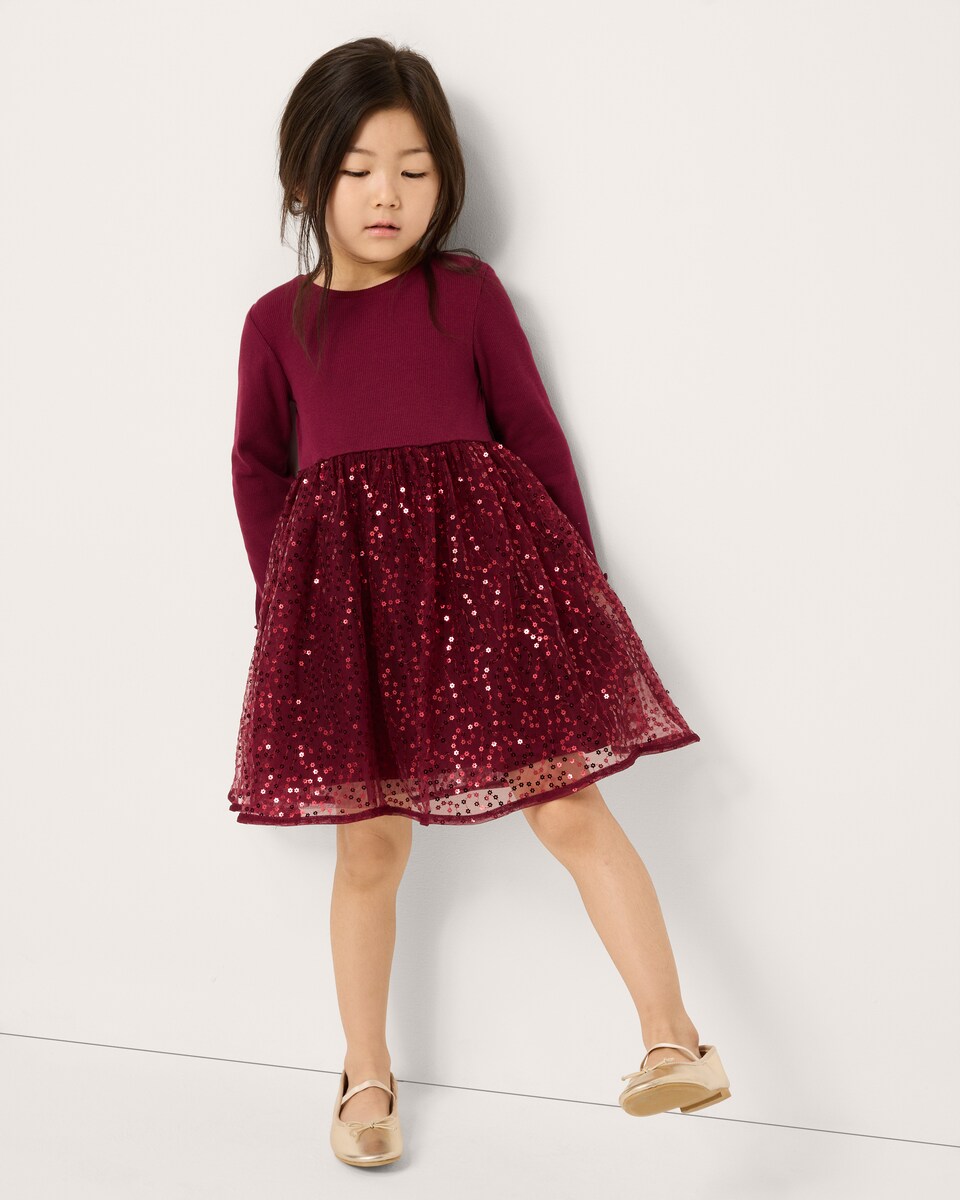 image 1 of F&F Girls Sequin Tulle Dress in Burgundy