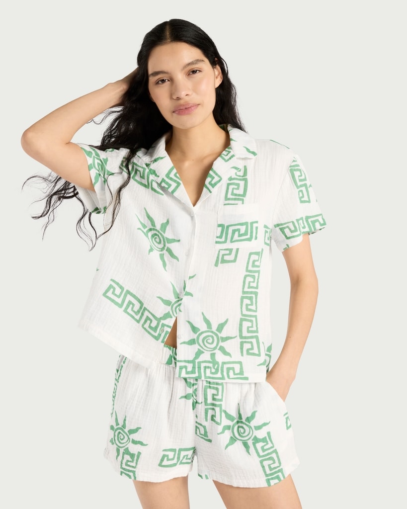 F&F Pure Cotton Double Cloth Sun Print Shirt and Shorts Pyjama Set in Multi Green