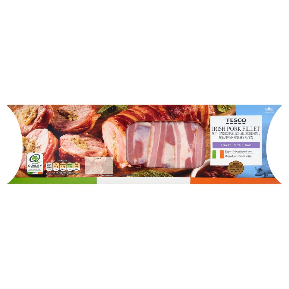 Tesco Irish Pork Fillet with Garlic, Basil & Shallot Stuffing, wrapped in steaky bacon 700g