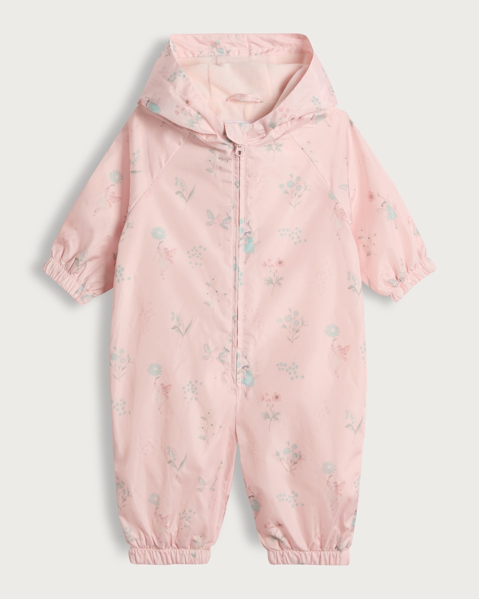 image 1 of F&F Baby Fleece Lined Floral Print Shower Resistant Puddlesuit in Pink