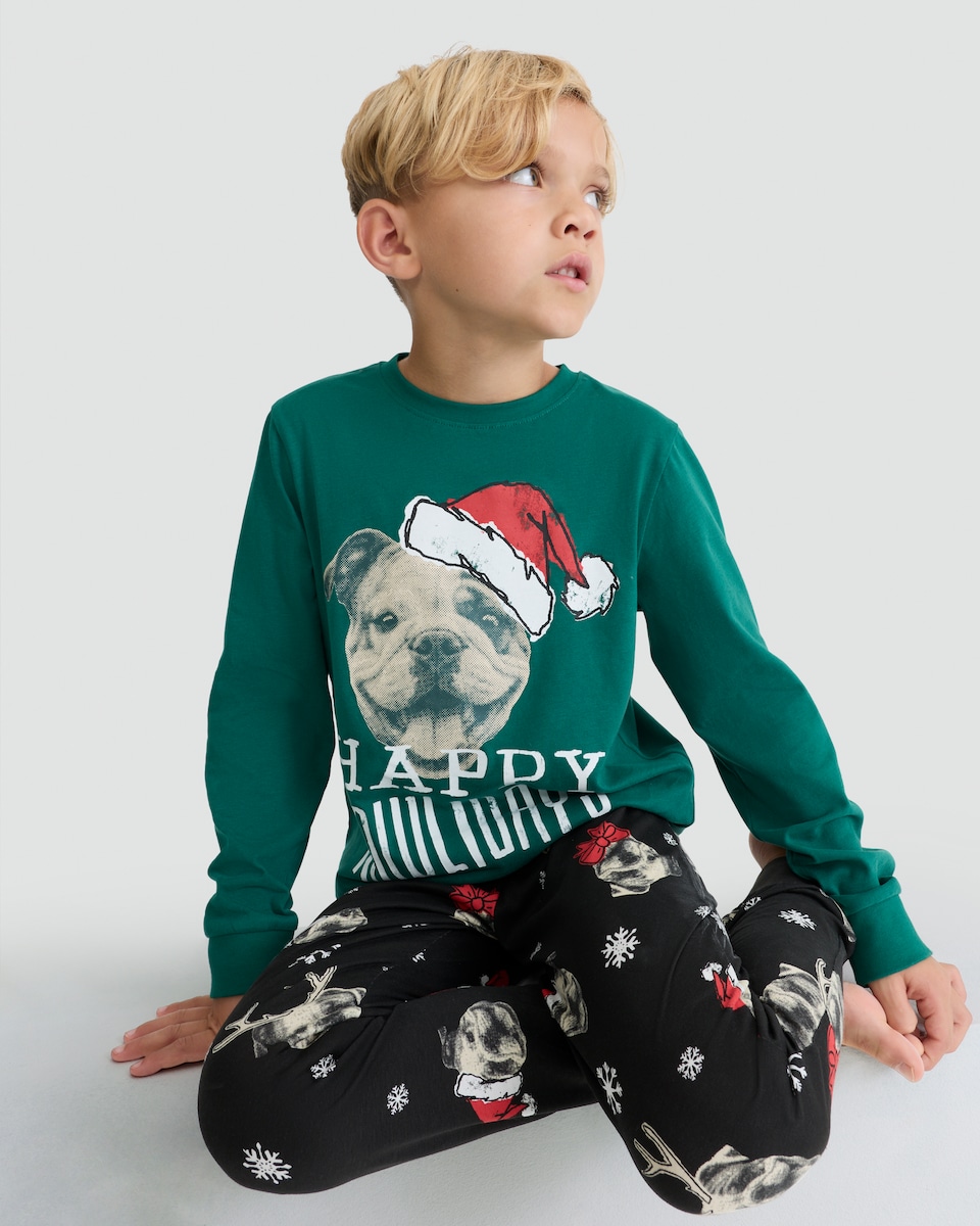 image 1 of F&F Boys Pure Cotton Happy Howlidays Top and Cuffed Joggers Pyjamas in Navy Multi
