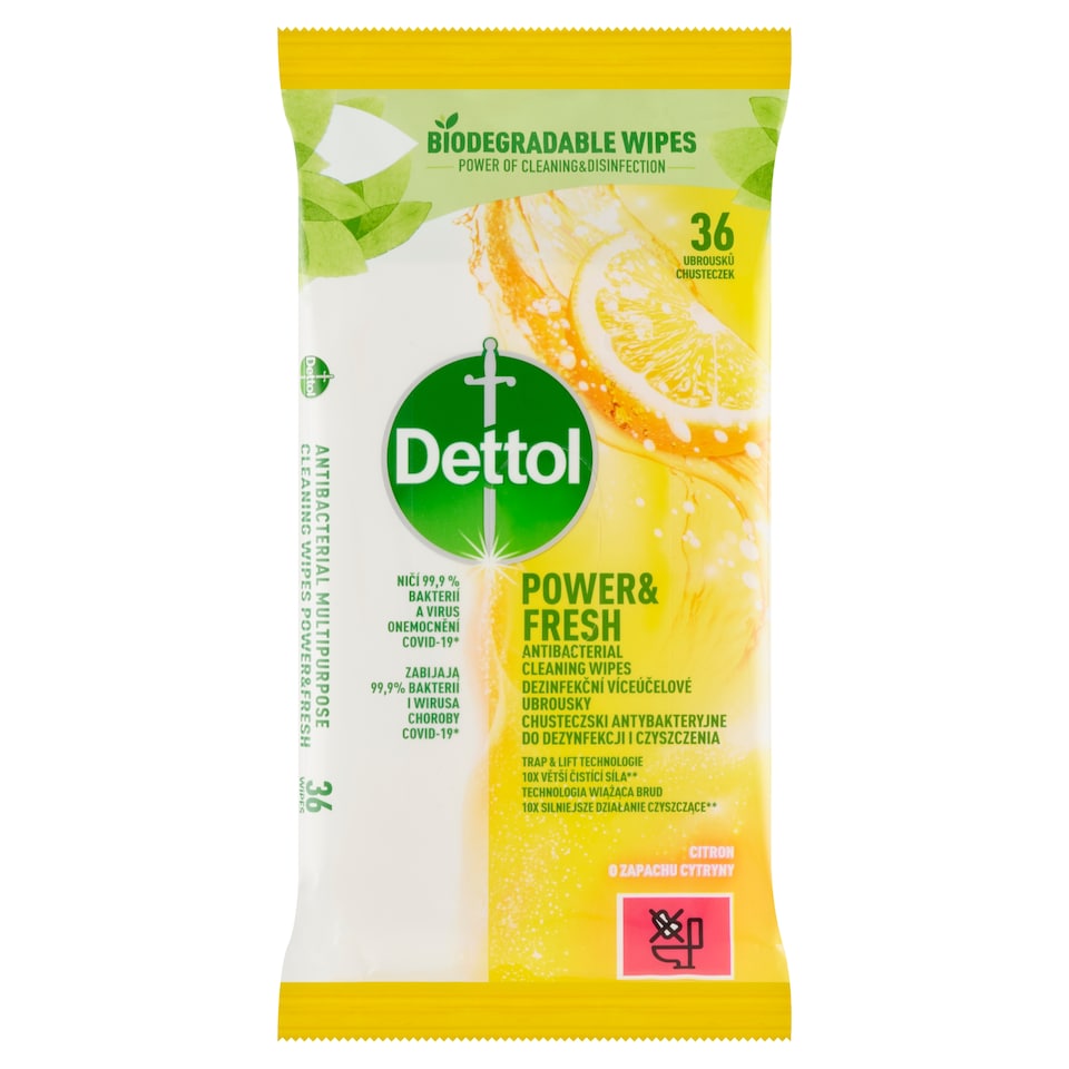 image 1 of Dettol Power & Fresh antibakteriálne viacúčelové obrúsky citrón a limeta 36 ks