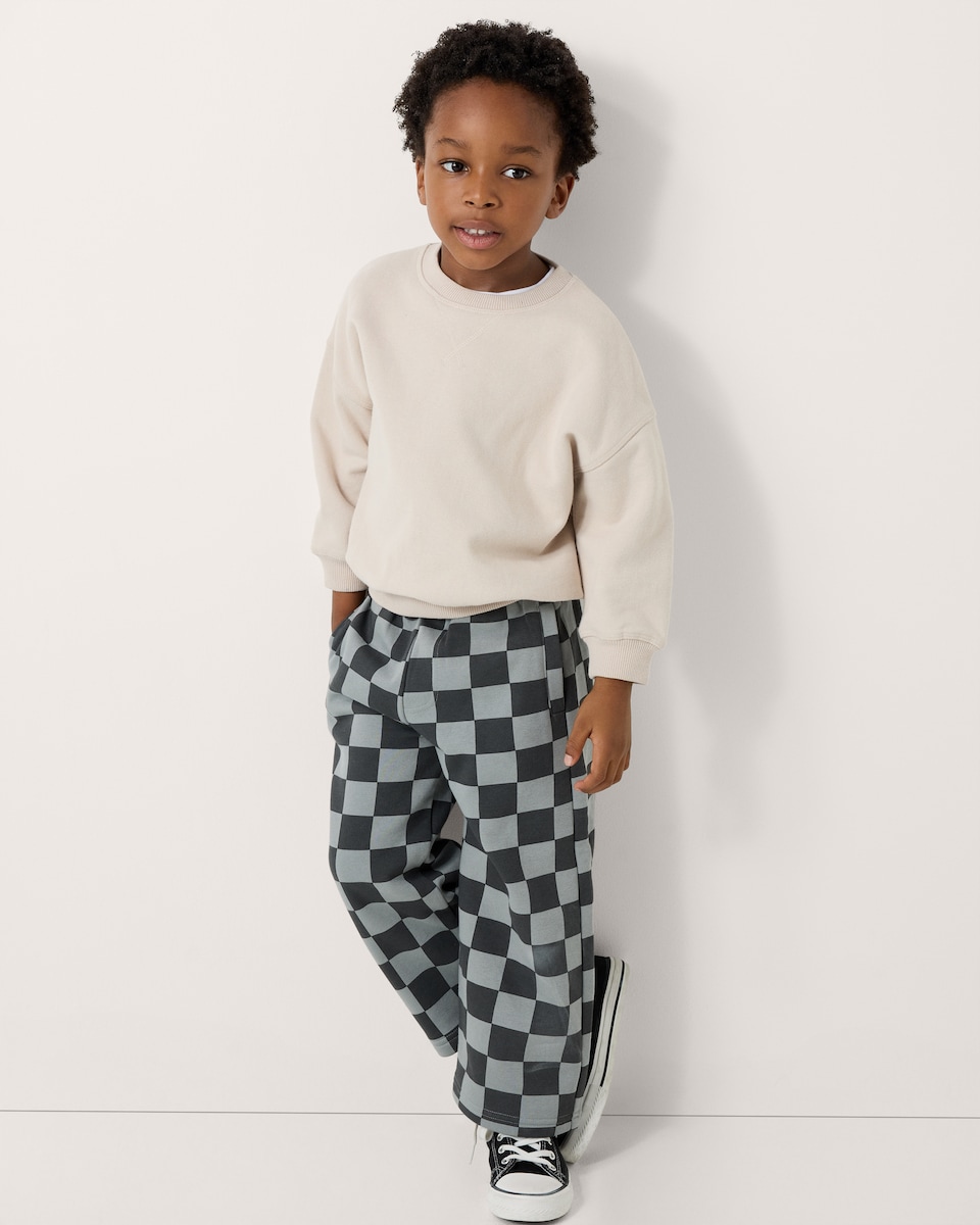 image 1 of F&F Boys Cotton Rich Checked Wide Leg Joggers in Grey