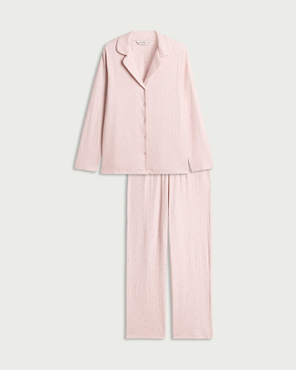 image 1 of F&F Pointelle Floral Print Revere Pyjama Set in Multi Pink