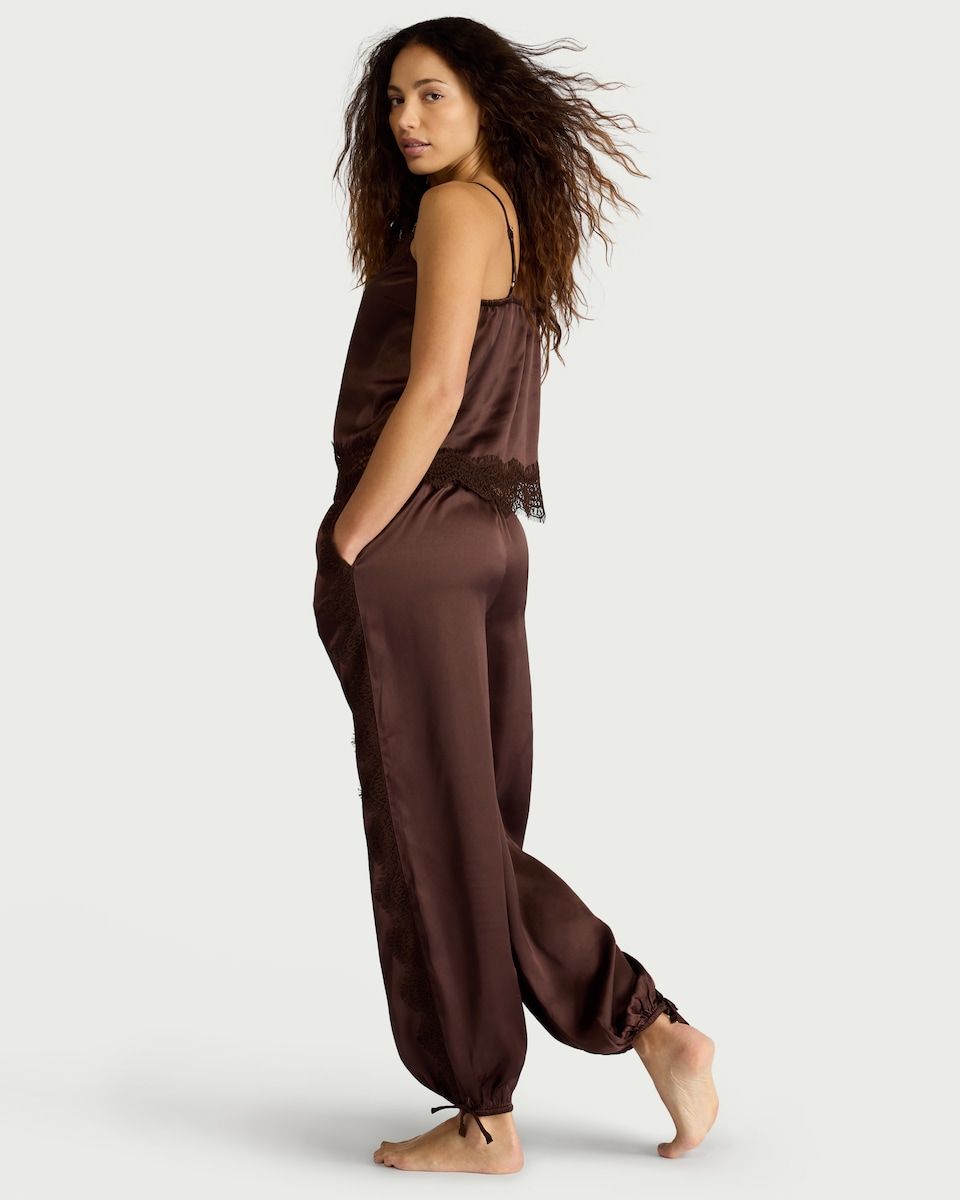 image 1 of F&F Satin Lace Trim Pyjama Set in Chocolate