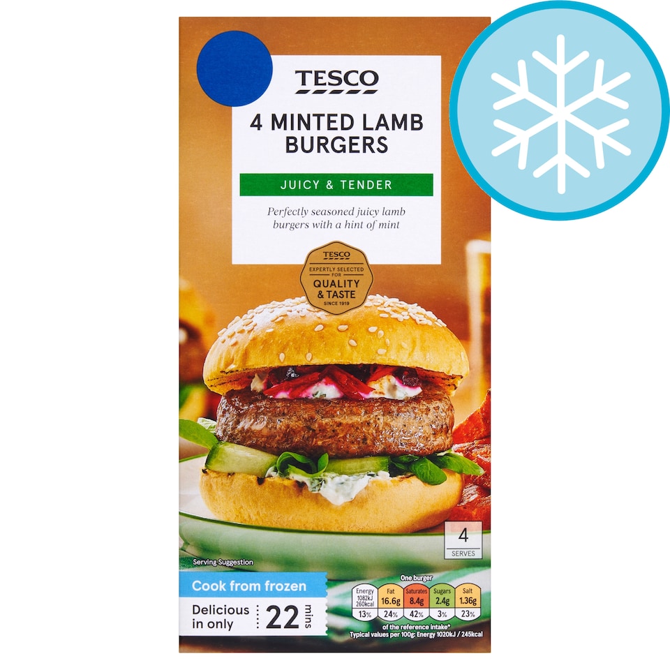 Tesco 4 Minted Lamb Burgers 454G