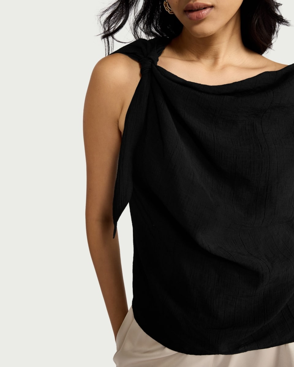 image 1 of F&F Textured Tie Shoulder Blouse in Black