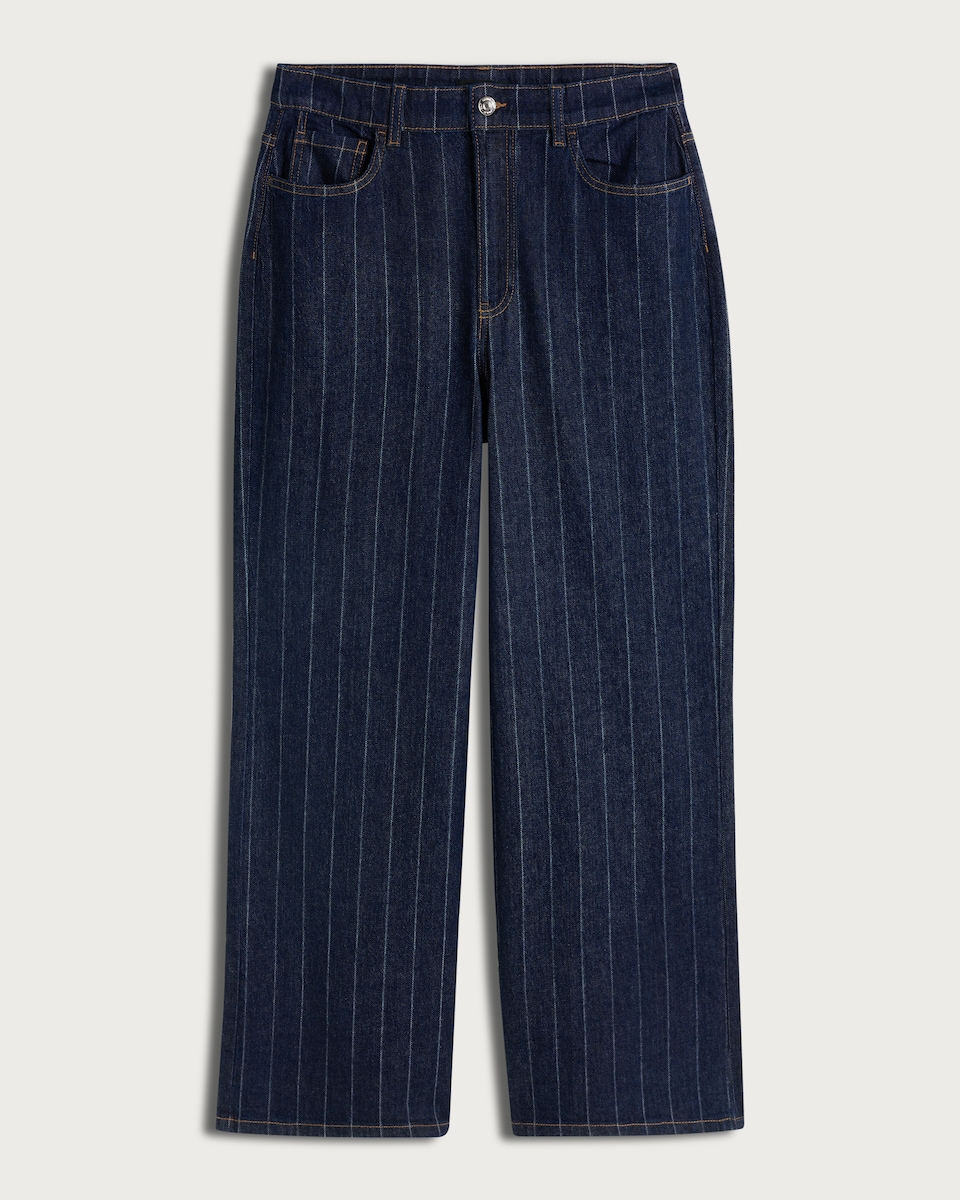image 1 of F&F Cotton Rich Pinstripe High Rise Wide Leg Co-ord Jeans in Navy