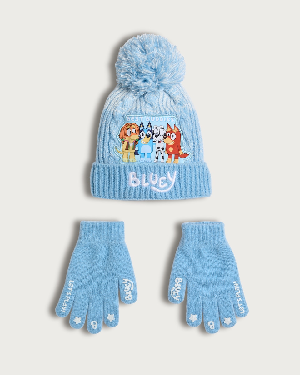 image 1 of Bluey 2-Piece Best Buddies Knitted Hat and Gloves Set in Blue