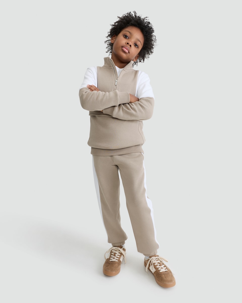 image 1 of F&F Boys 2-Piece Cotton Rich Colour Block Sweatshirt and Joggers Set in Med Nude