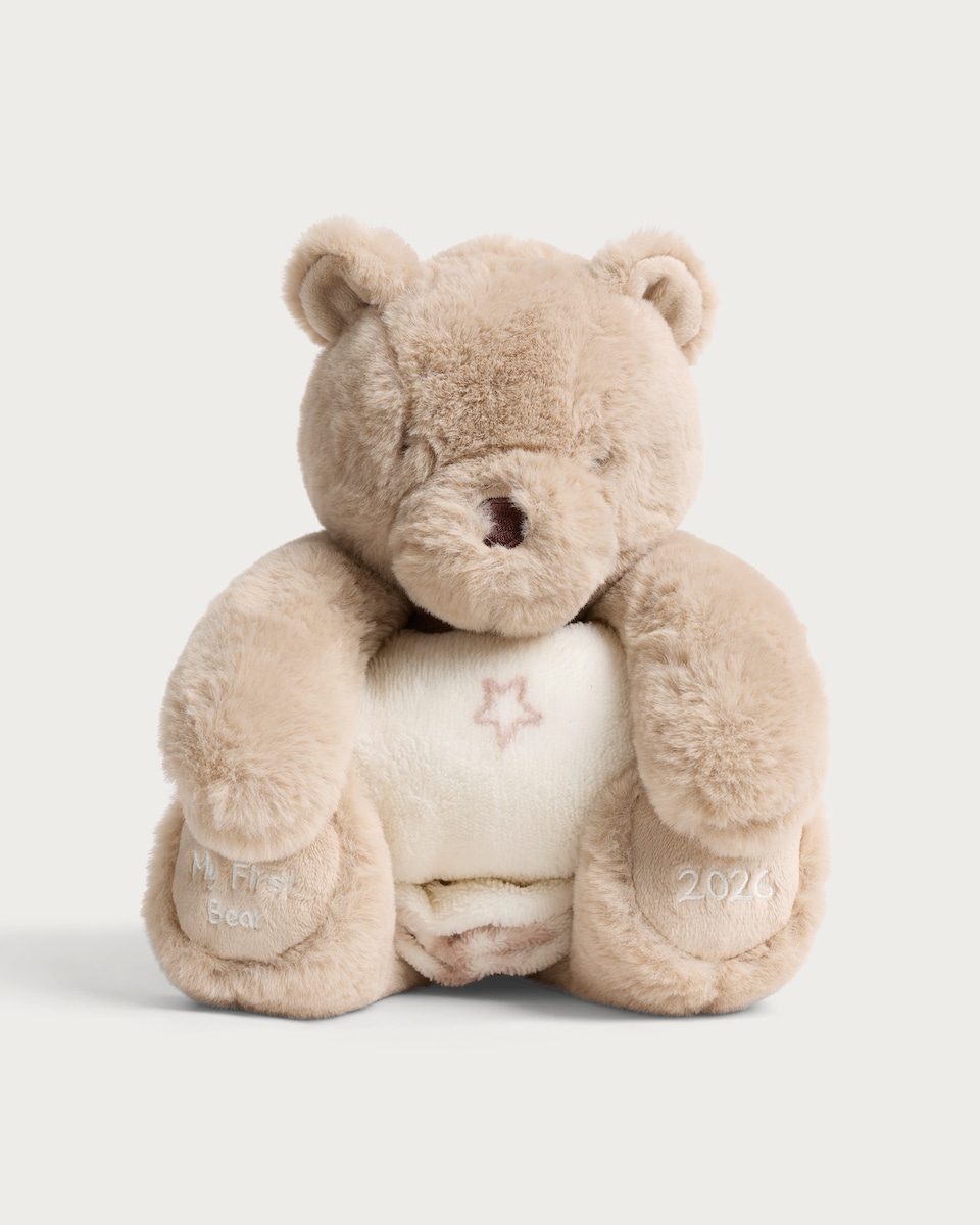 image 1 of F&F My First Bear Plush Toy with Blanket in Neutral