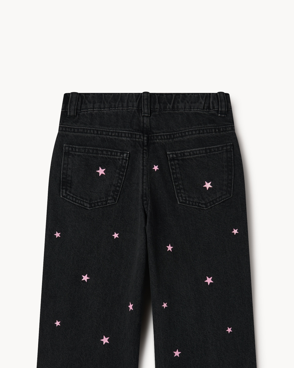 image 1 of F&F Girls Pure Cotton Star Embroidered Wide Leg Jeans in Black
