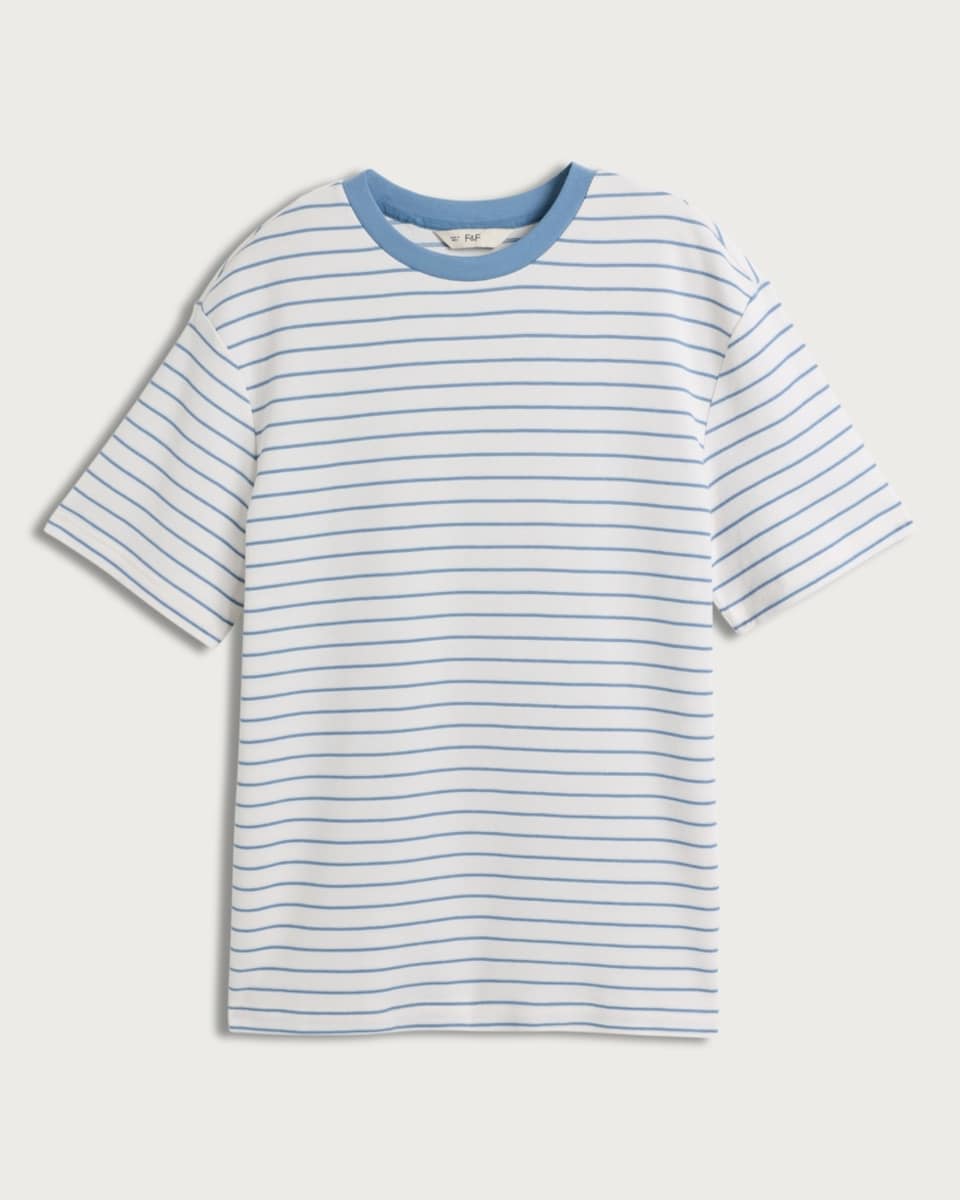 image 1 of F&F Cotton Rich Heavyweight Stripe Print Short Sleeved T-Shirt in Blue