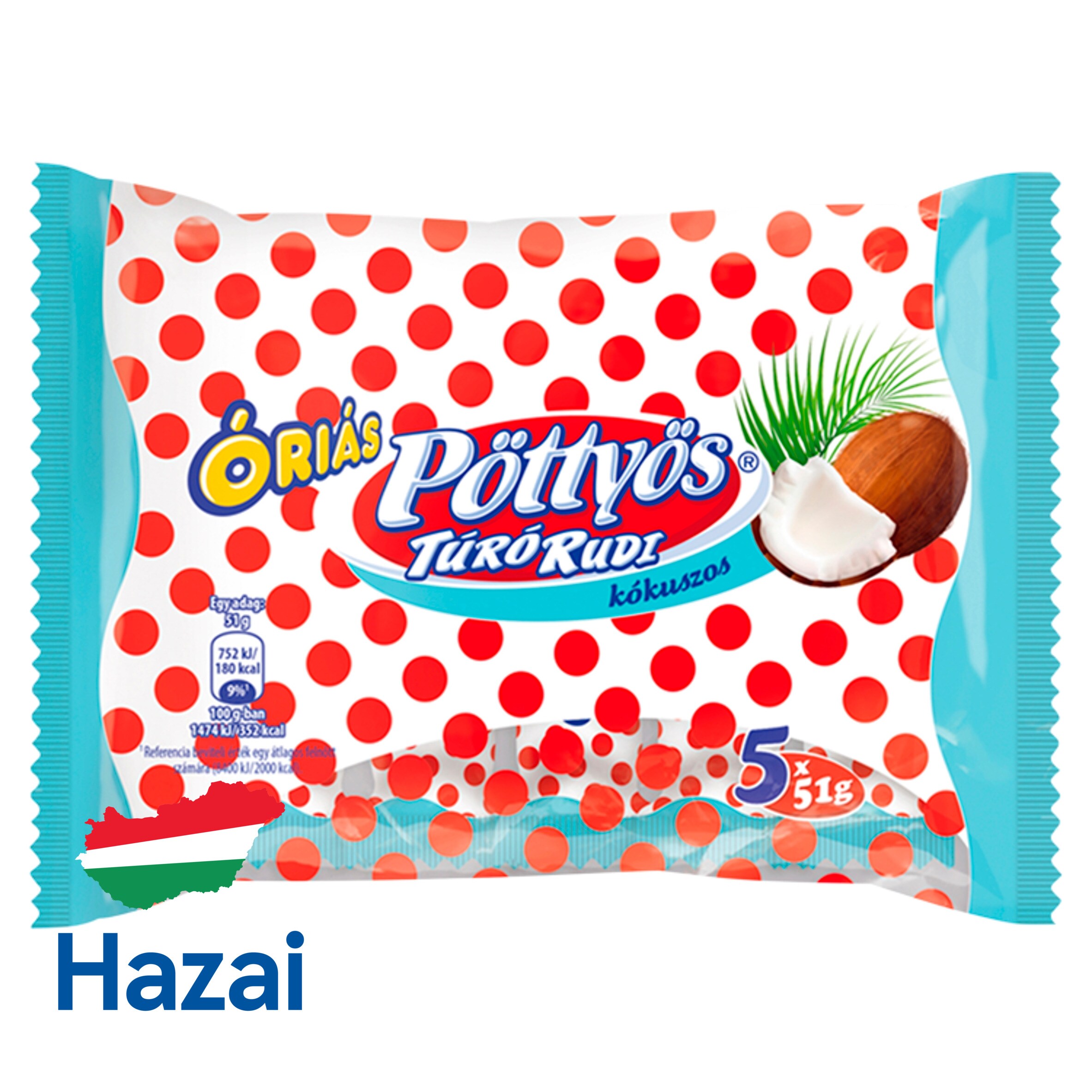 Hungary product data sample: Pöttyös Óriás Túró Rudi desszertkészítmény kakaós tejbevonattal kókusszal 5 x 51 g (255 g)