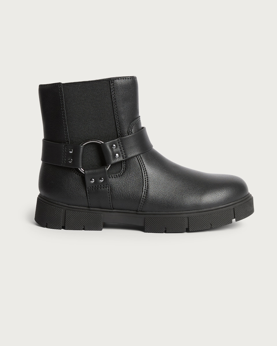 image 1 of F&F Girls Strap Buckle Detail Chunky Ankle Boots in Black