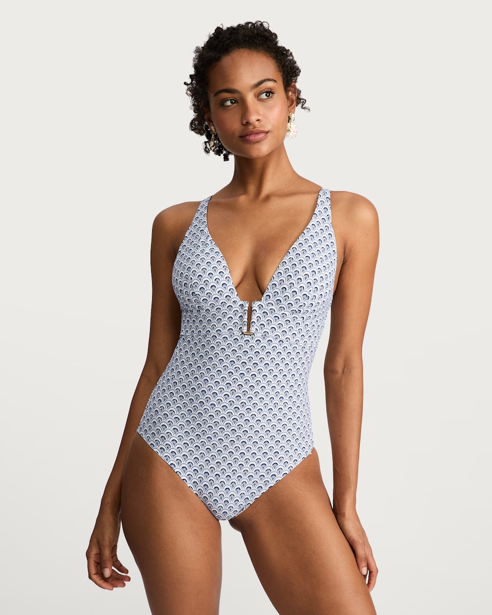 image 1 of F&F Geometric Print Plunge Swimsuit in Blue