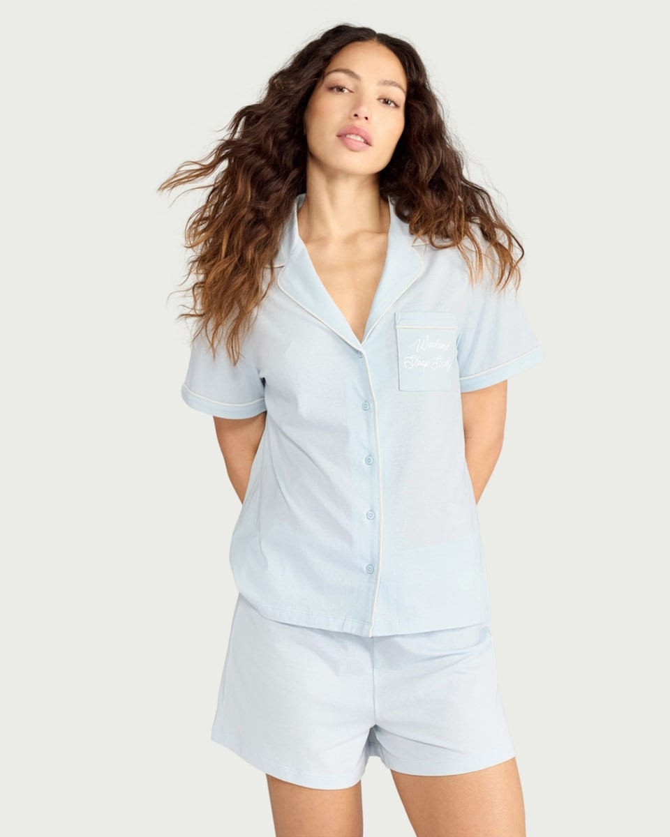 image 1 of F&F 2-Piece Pure Cotton Embroidered Revere Short Pyjama Set in Blue