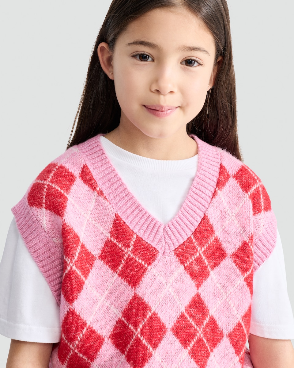 image 1 of F&F Girls Argyle Print V Neck Knitted Vest in Pink