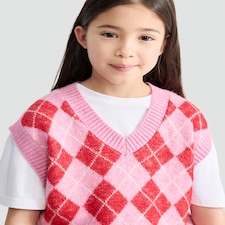 F&F Girls Argyle Print V Neck Knitted Vest in Pink