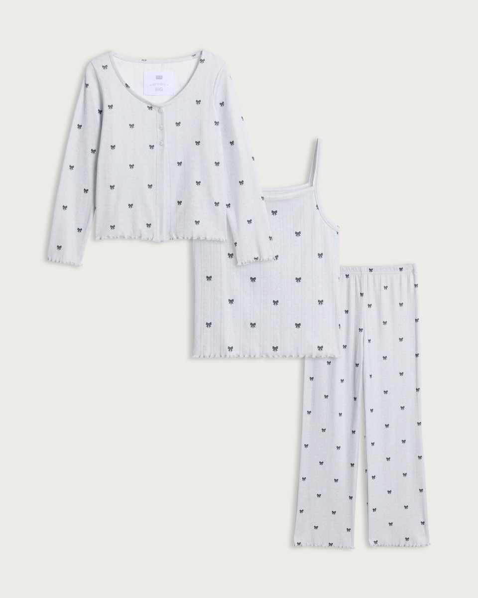 F&F Girls 3-Piece Pointelle Bow Print Pyjama Set in Grey
