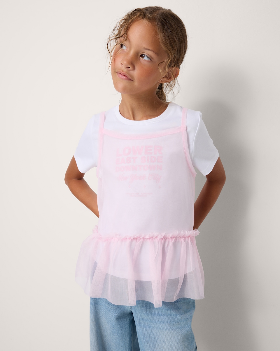 image 1 of F&F Girls Tulle Layered T-Shirt in Multi