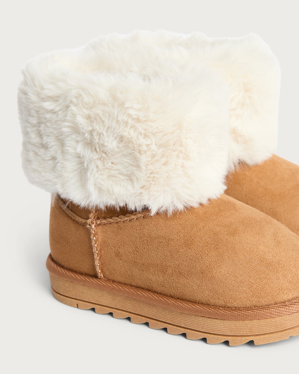 image 1 of F&F Girls Faux Fur Lined Boot Slippers in Tan