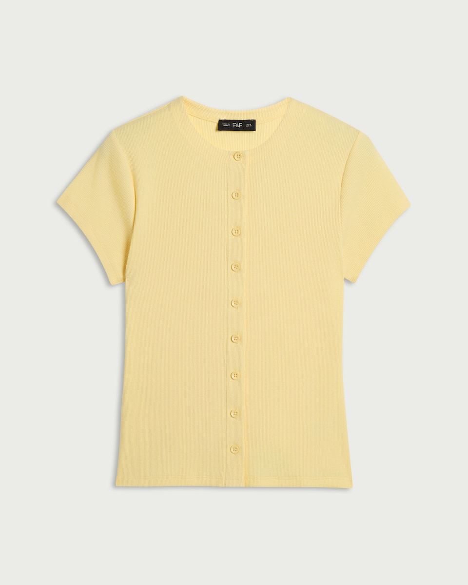 image 1 of F&F Cotton Rich Ribbed Button Up Top in Yellow