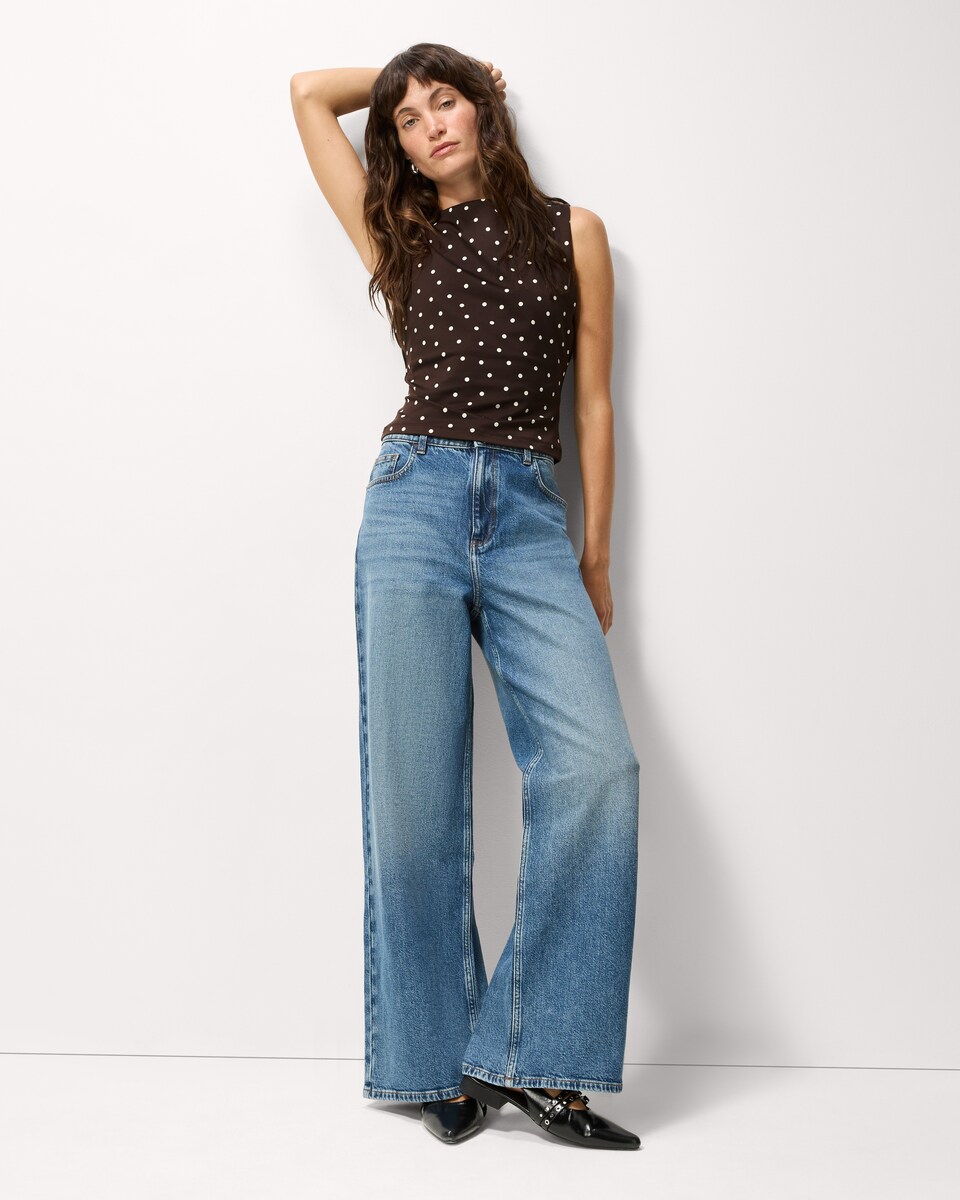image 1 of F&F Polka Dot Slash Neck Vest in Multi Brown