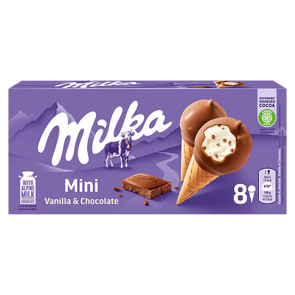 Milka Mini Vanilla & Chocolate vaníliaízű jégkrém mini ostyatölcsérben 8 x 25 ml (200 ml)