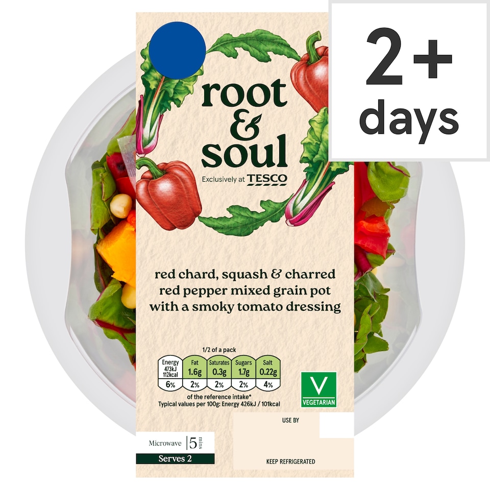 Root & Soul Red Chard, charred peppers and squash, chick peas and brown rice 260g