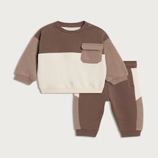 F&F Baby 2-Piece Cotton Rich Colour Block Sweatshirt and Joggers in Tobacco