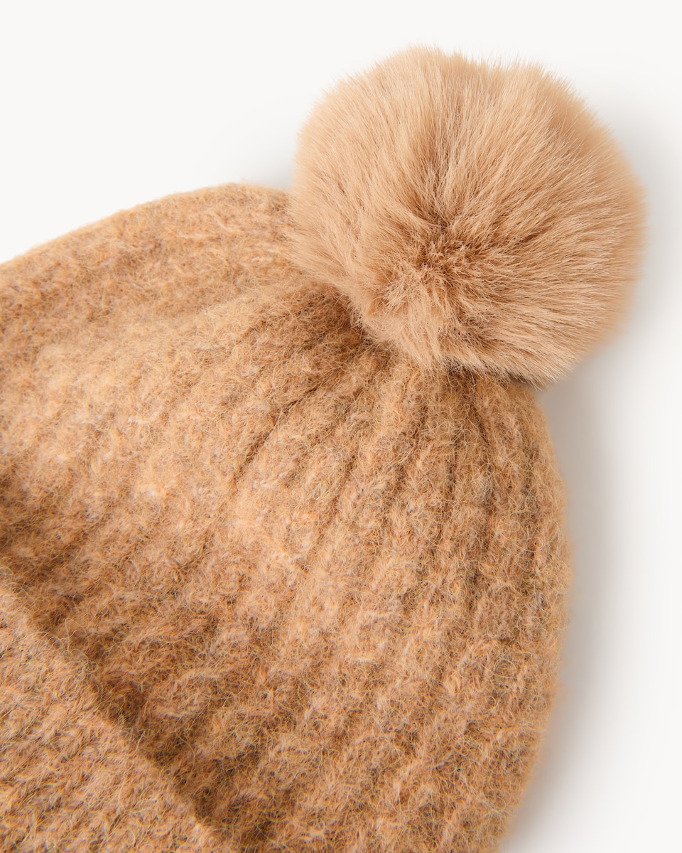 image 1 of F&F Cable Knit Pom Pom Beanie Hat in Neutral