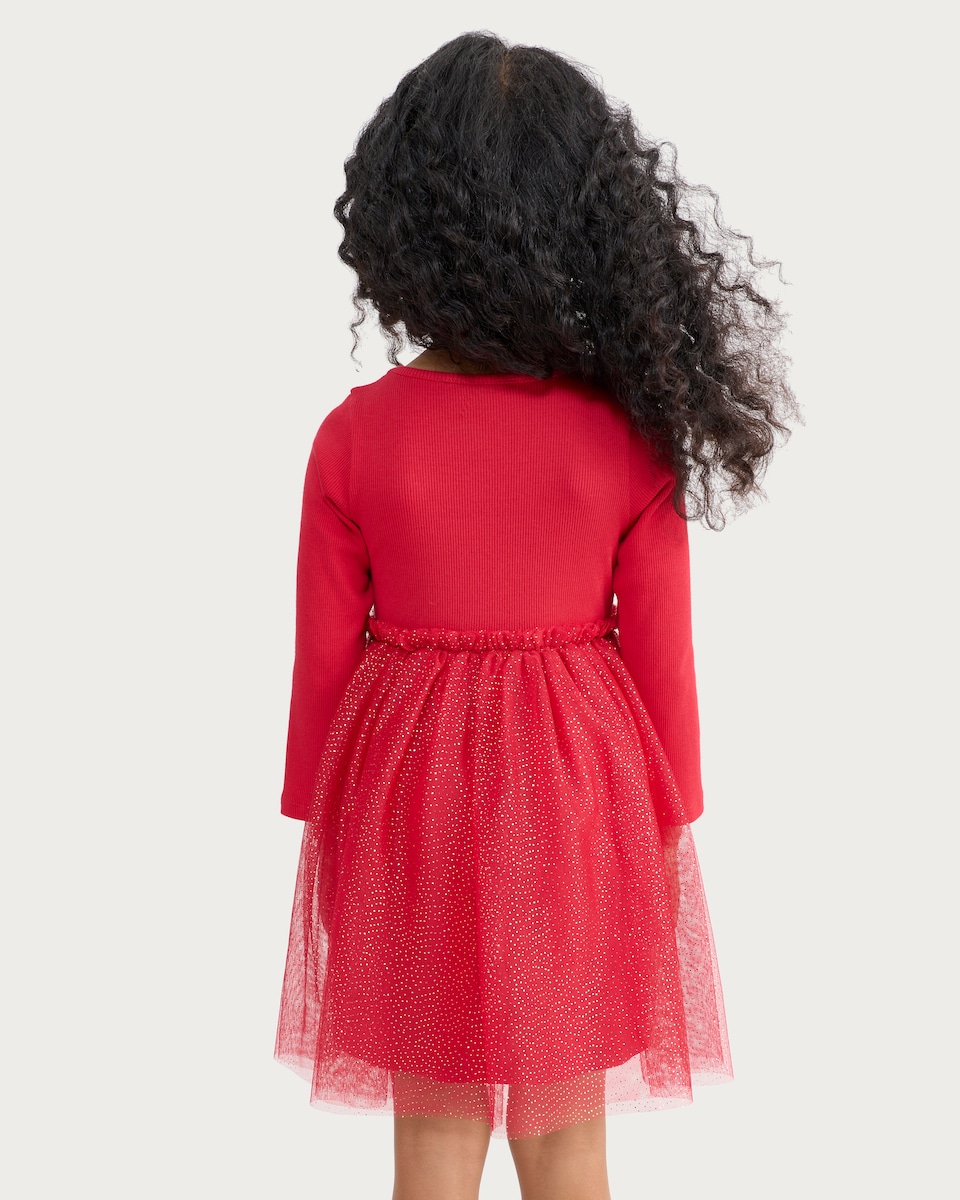 image 1 of F&F Girls Cotton Rich Sequin Bow Tulle Skirt Dress in Red