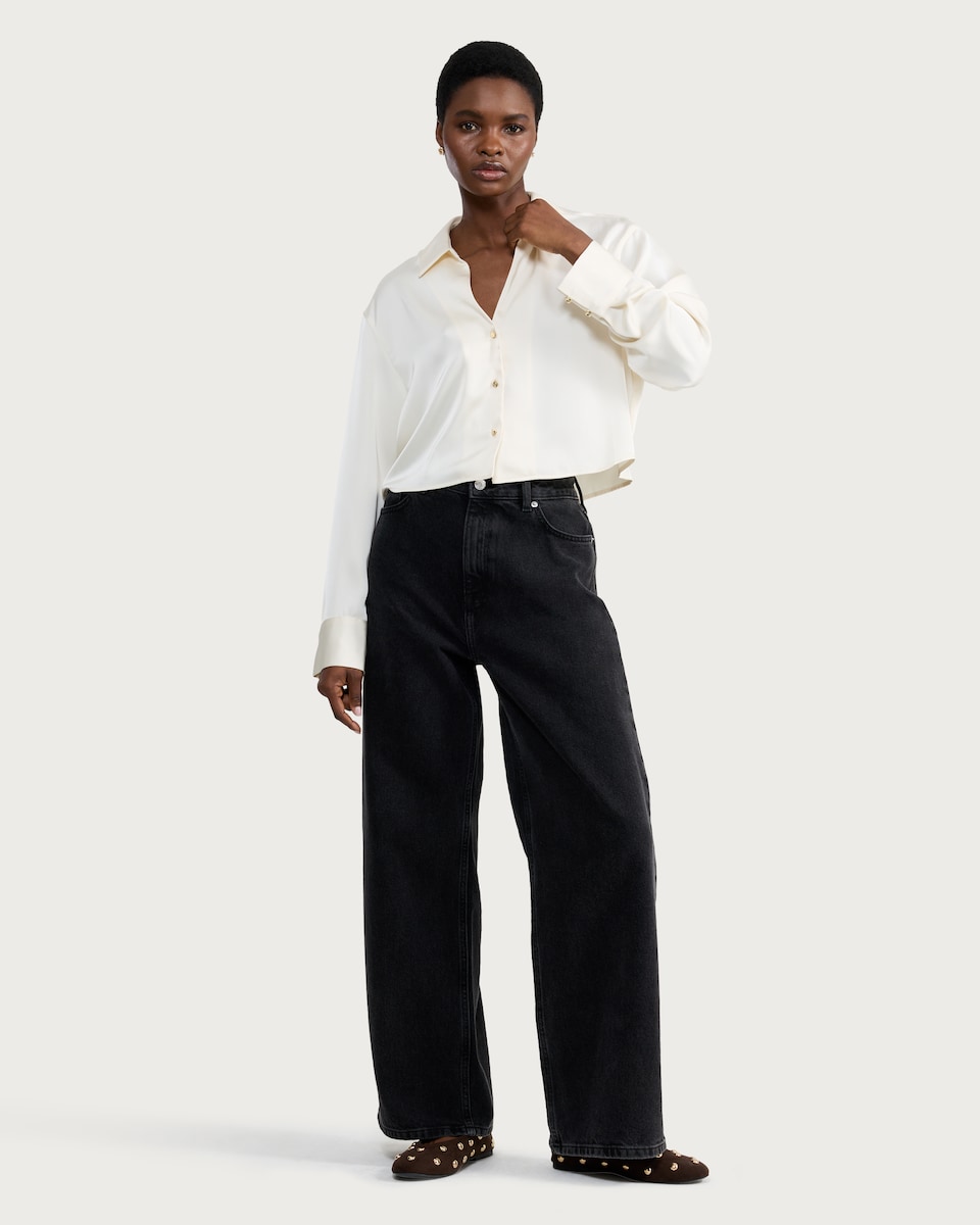 image 1 of F&F Satin Cropped Button Up Shirt in Cream