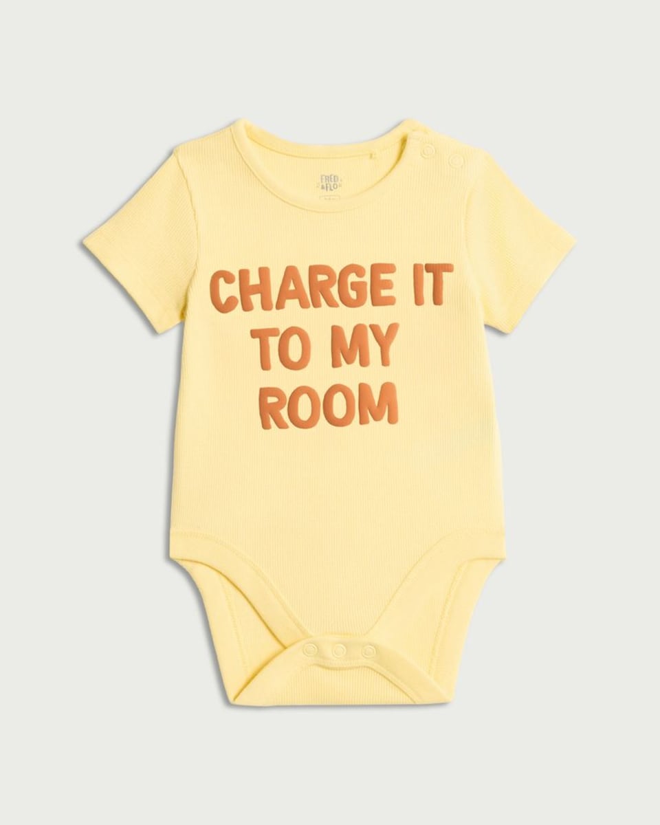 image 1 of F&F Baby Cotton Rich Put It On My Tab Slogan Bodysuit in Yellow
