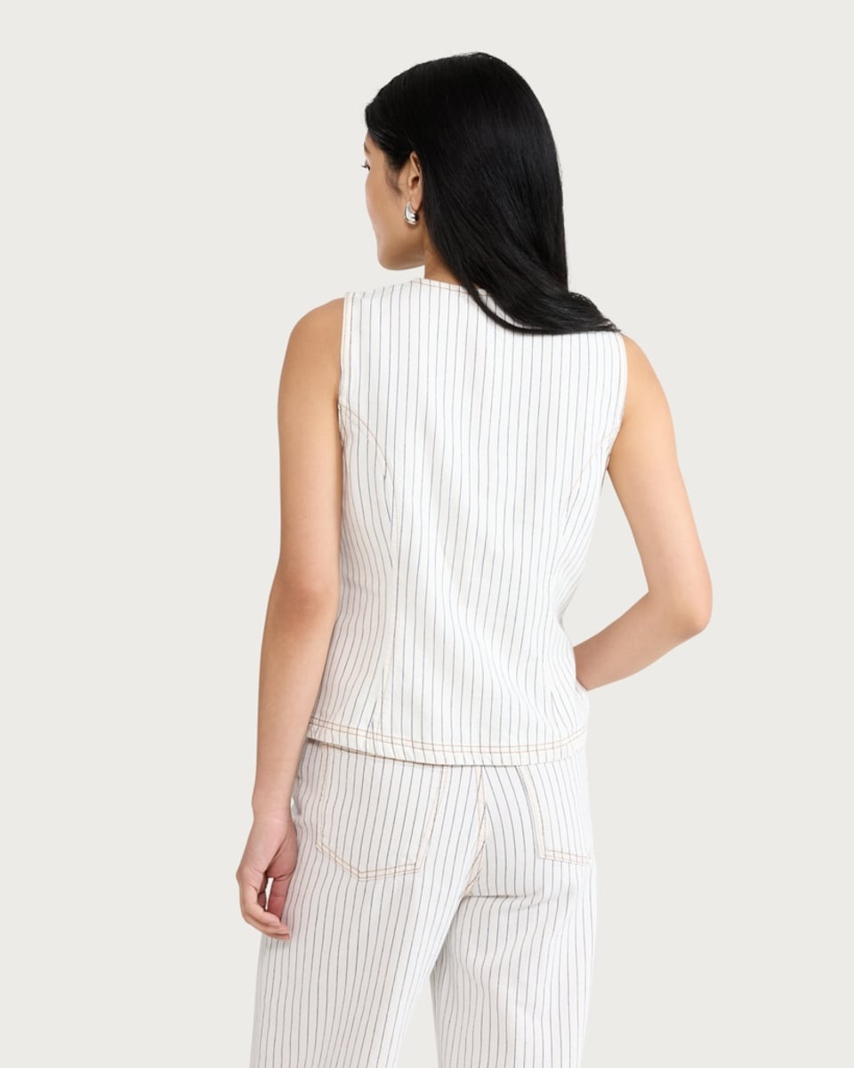 image 1 of F&F Pure Cotton Striped Co-ord Denim Waistcoat in White