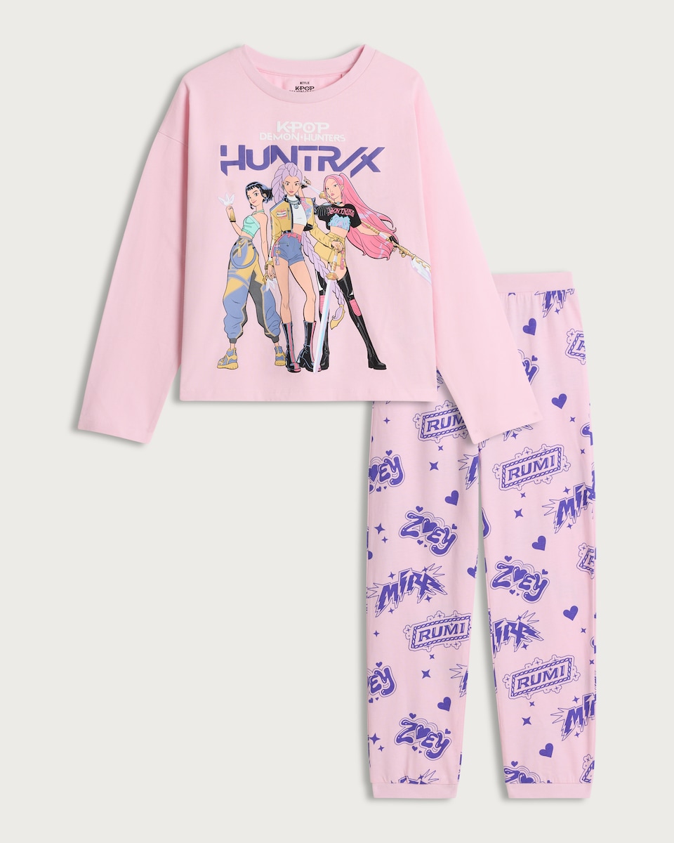 K-Pop Demon Hunters Print Pure Cotton Pyjama Set in Pink