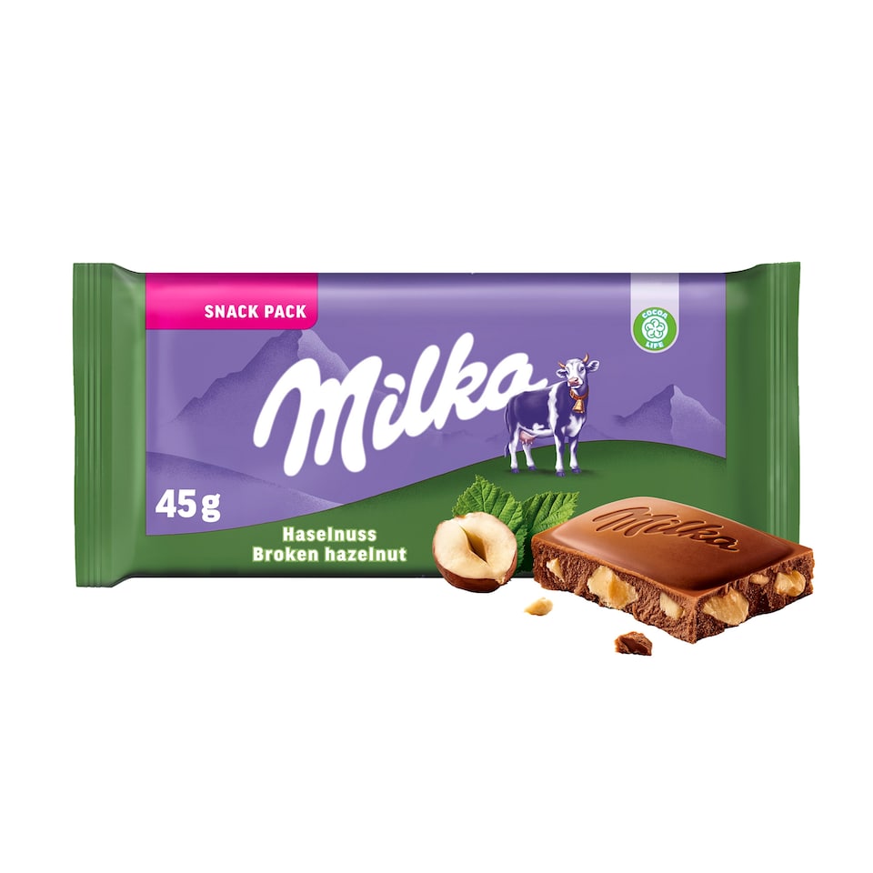 Milka čokoláda Broken Hazelnut mléčná z alpského mléka s drcenými jádry lískových ořechů 45g