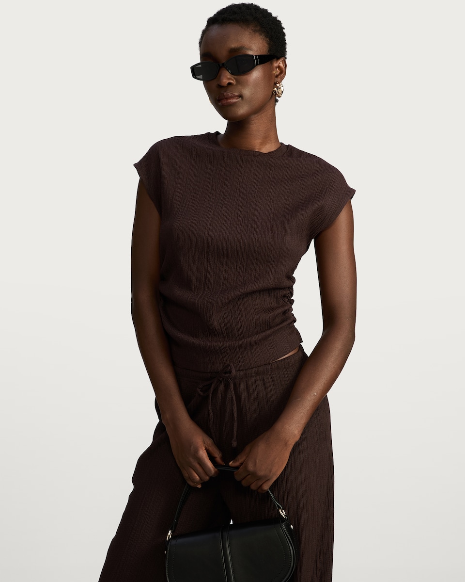 image 1 of F&F Crinkle Ruched Cap Sleeved Co-ord Top in Brown