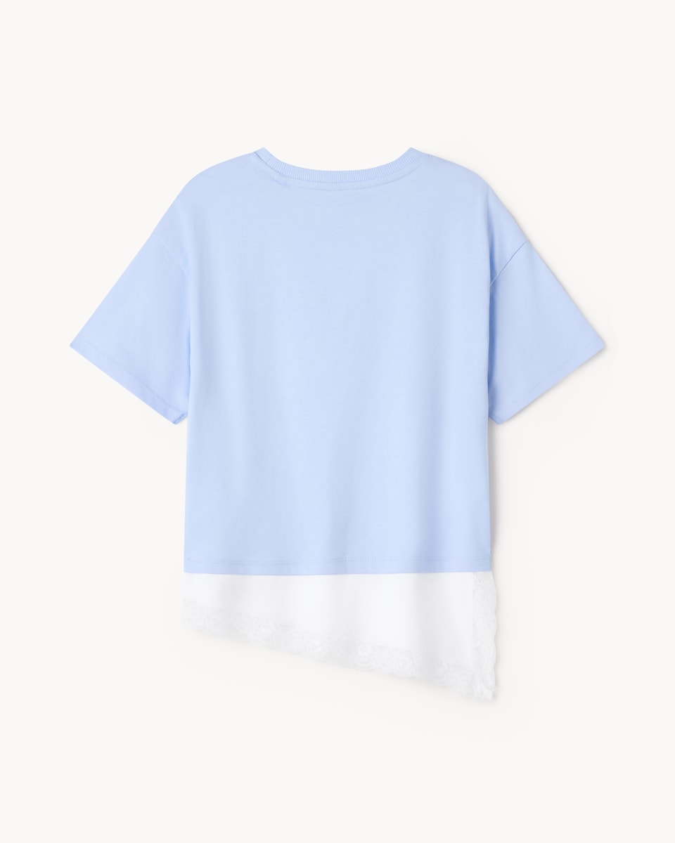 image 1 of F&F Girls Pure Cotton Lace Hem T-Shirt in Blue