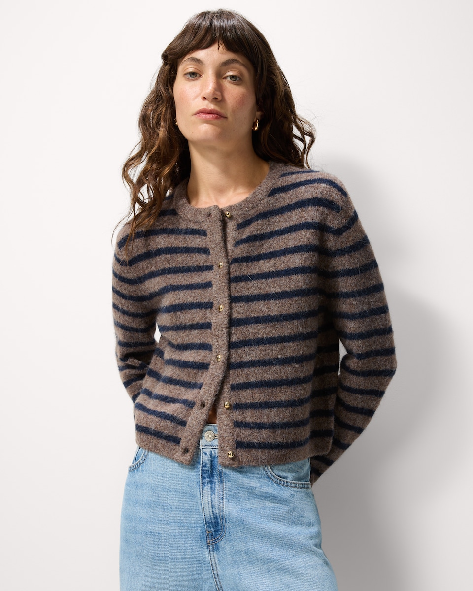 image 1 of F&F Striped Button Up Cardigan in Navy
